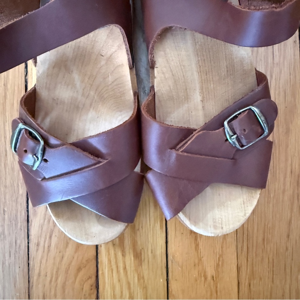 Mia Brown Leather Buckle Clogs with Wooden Platform - Picture 6 of 7